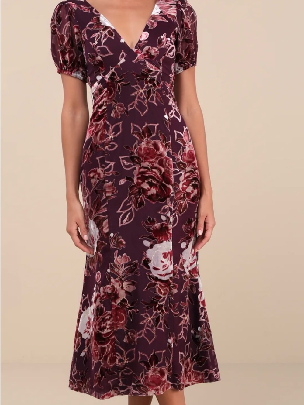 Lulu's Plum Floral V-Neck Midi Dress